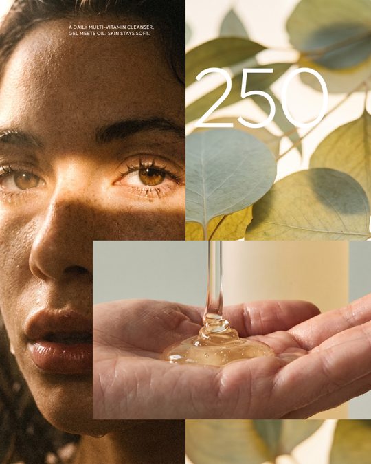 Collage of a face, leaves and pouring liquid